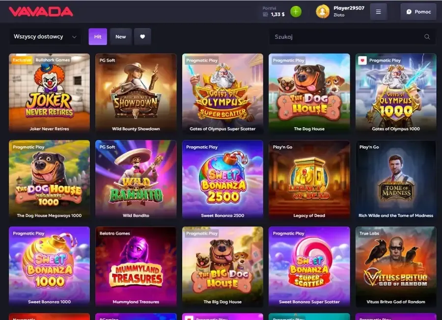 Katalog automatów Vavada Casino z filtrami Hit i New