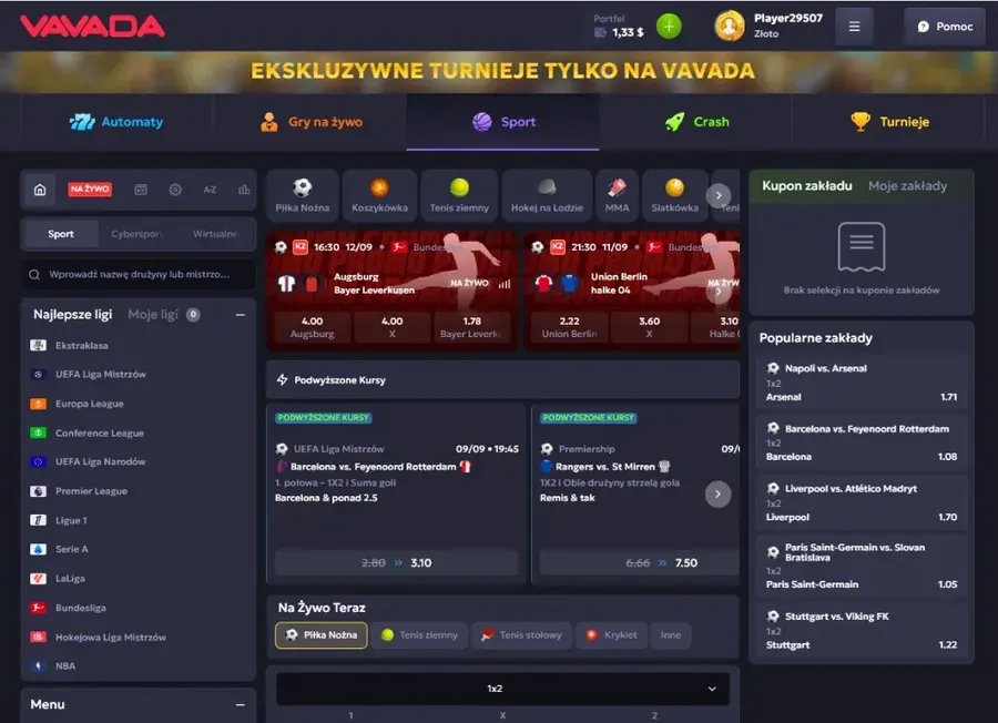 Sekcja zakładów sportowych w Vavada Casino